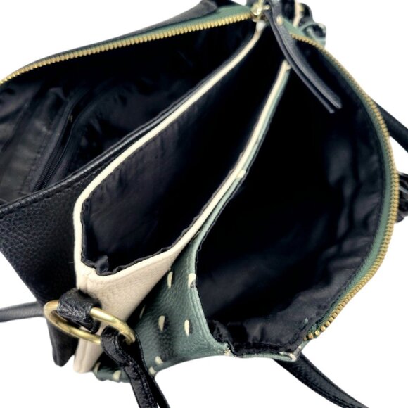 Olive Green Crossbody Bag Black-Cream Color Block -Triple Pockets-Stylish Tassle - Picture 10 of 12